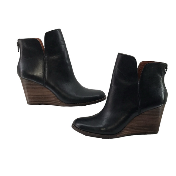 LUCKY BRAND Yolene Black Leather Ankle Booties w/3.5" Stacked Wedge Heel—Sz 9M - Picture 7 of 16